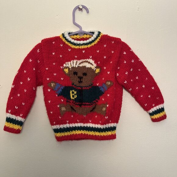 HAND KNIT Sleepy Bear Handmade Retro Vintage Kids Sweater, Red- Size 2T - Picture 1 of 8